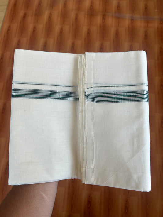 25% Discount ! KaithariKada Handloom Unakkupaav - Kerala Handloom - 100% Pure Cotton Off White (Unbleached) Double Mundu/Dothi - 100x80 - 0.75 inch Silver Kasav & Green Striped Kara 4 Meters (8.5 Muzham) - 5 KK5380 SOM