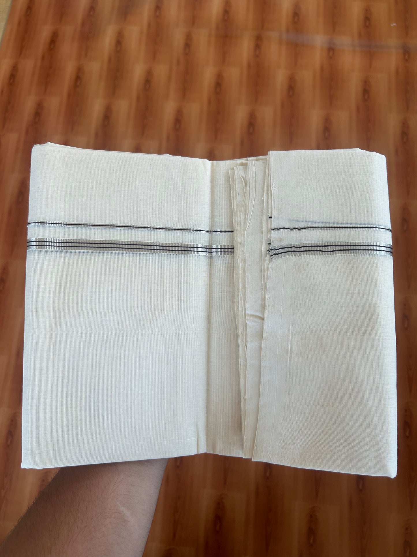 25% Discount ! KaithariKada Handloom Millpaav - Kerala Handloom - 100% Pure Cotton Off White (Unbleached) Double Mundu/Dothi - 100x80 - 0.5 inch Silver Kasav & Black Striped Kara   3.80 Meters (8 Muzham) - 13 KK5380 SOM