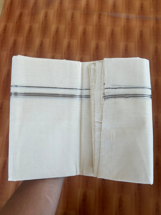 25% Discount ! KaithariKada Handloom Millpaav - Kerala Handloom - 100% Pure Cotton Off White (Unbleached) Double Mundu/Dothi - 100x80 - 0.5 inch Silver Kasav & Black Striped Kara   3.80 Meters (8 Muzham) - 13 KK5380 SOM