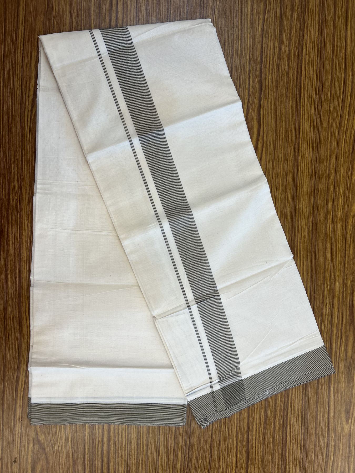 20% Discount ! KaithariKada Balaramapuram 100% Cotton Double Off White (Unbleached) - Mundu / Dhoti- 100x80 - 1.5 inch Black & Cream Shaded Kara 4 mtr (8.5 Muzham) - 64 KK5340 VIN