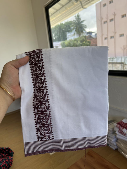Kaitharikada - Single Kaily / Lungi - Mixed Cotton - 40s twisted - 2 inch Brown Printed Design kara with White colour body (2 meter / 4 muzham) - 28 KK8055 SAT