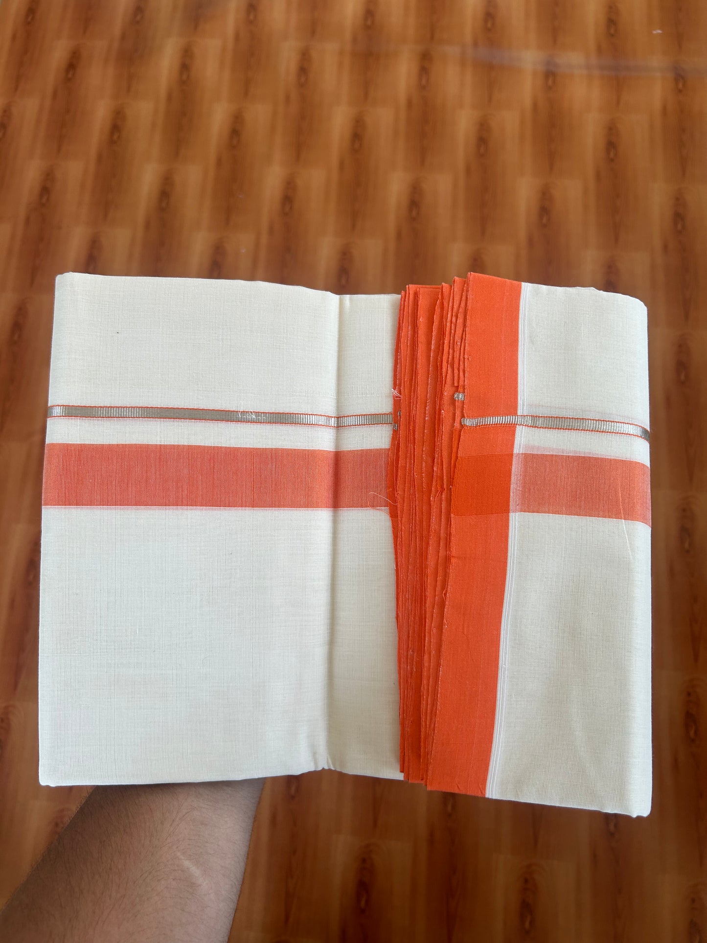 25% Discount ! KaithariKada Handloom Unakkupaav - Kerala Handloom - 100% Pure Cotton Off White (Unbleached) Double Mundu/Dothi - 100x80 - 1.25 inch Silver Kasav & Orange Kara  3.80 Meters (8 Muzham) - 2 KK5380 SOM