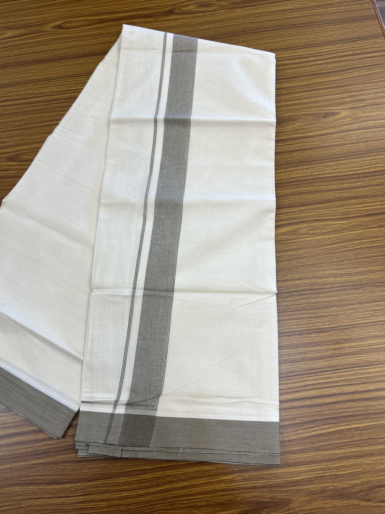 20% Discount ! KaithariKada Balaramapuram 100% Cotton Double Off White (Unbleached) - Mundu / Dhoti- 100x80 - 1.5 inch Black & Cream Shaded Kara 4 mtr (8.5 Muzham) - 64 KK5340 VIN