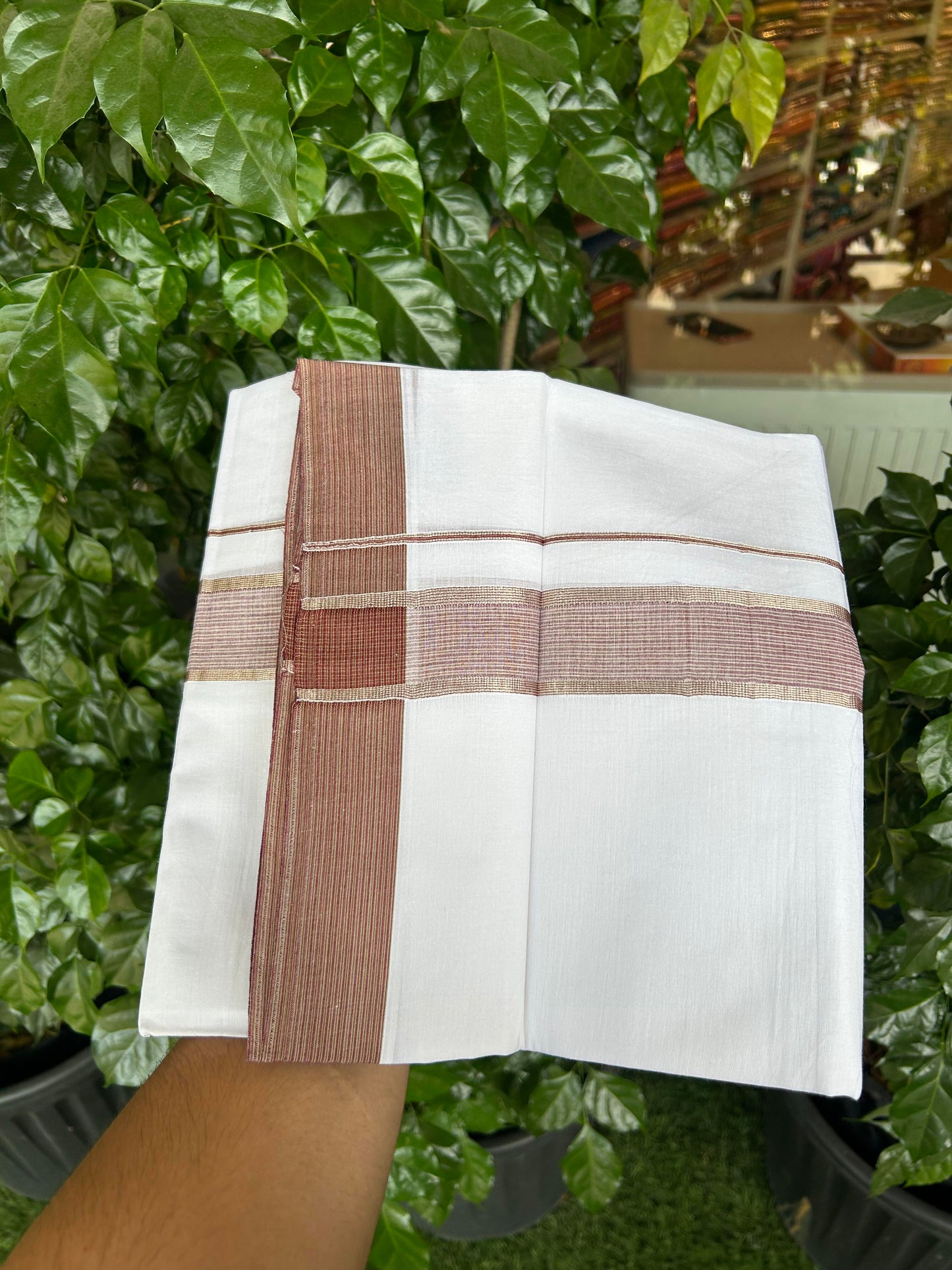 20% Discount!! Kaitharikada Balaramapuram 100% Pure Cotton Pure White Double Mundu/Dothi - 100x100 - 1.5 inch Silver Wine Purple & Pista Green Striped Shaded Kara 4.00 m (8.5 muzham) - 91 KK5362 GAN