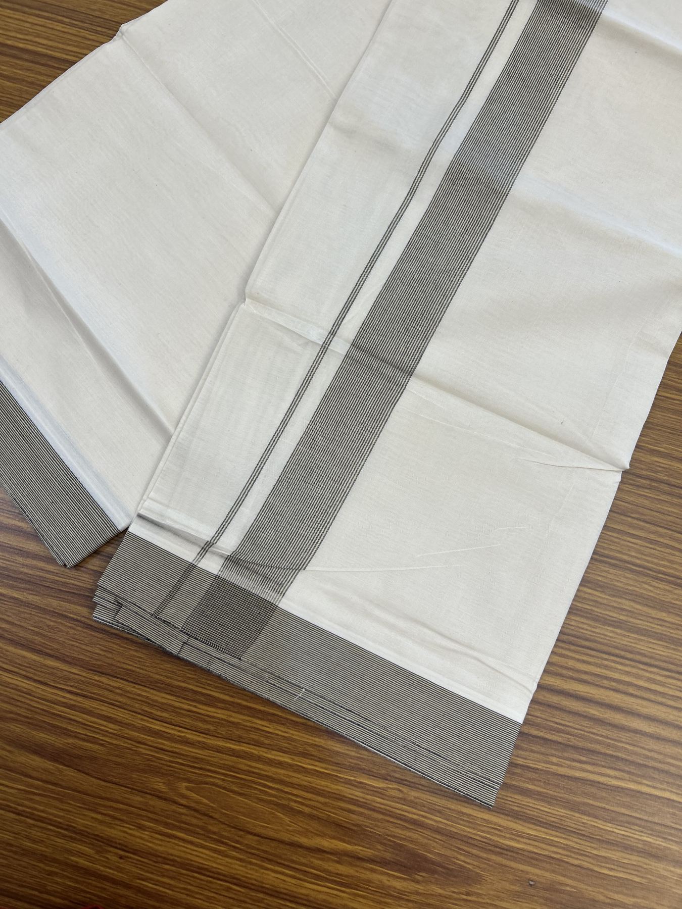 20% Discount ! KaithariKada Balaramapuram 100% Cotton Double Off White (Unbleached) - Mundu / Dhoti- 100x80 - 1.5 inch Black & Cream Shaded Kara 4 mtr (8.5 Muzham) - 64 KK5340 VIN