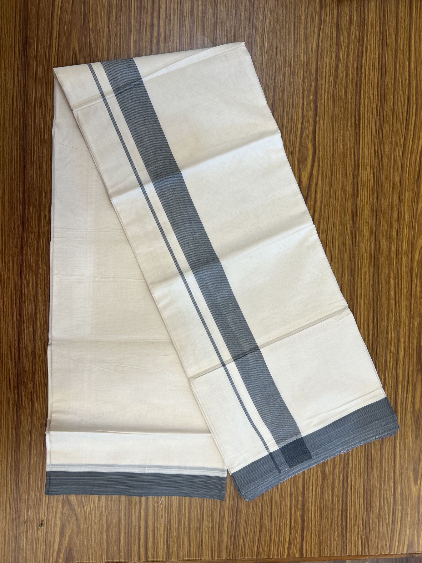 20% Discount ! KaithariKada Balaramapuram 100% Cotton Double Off White (Unbleached) - Mundu / Dhoti- 100x80 - 1.5 inch Navy Blue & Grey Shaded Kara 4 mtr (8.5 Muzham) - 63 KK5340 VIN