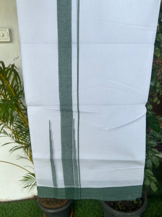 20% Discount ! Kaitharikada Balaramapuram 100% Cotton PURE WHITE Double Mundu/Dothi - 100x80 - 1.75 inch Green Shaded Chutty Kara - 54KK5182VAS