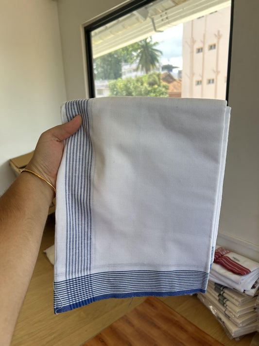Kaitharikada - Single Kaily / Lungi - Mixed Cotton - 40s twisted - 1.5 inch  Blue Striped kara with White colour body (2 meter / 4 muzham) - 11 KK8055 SAT