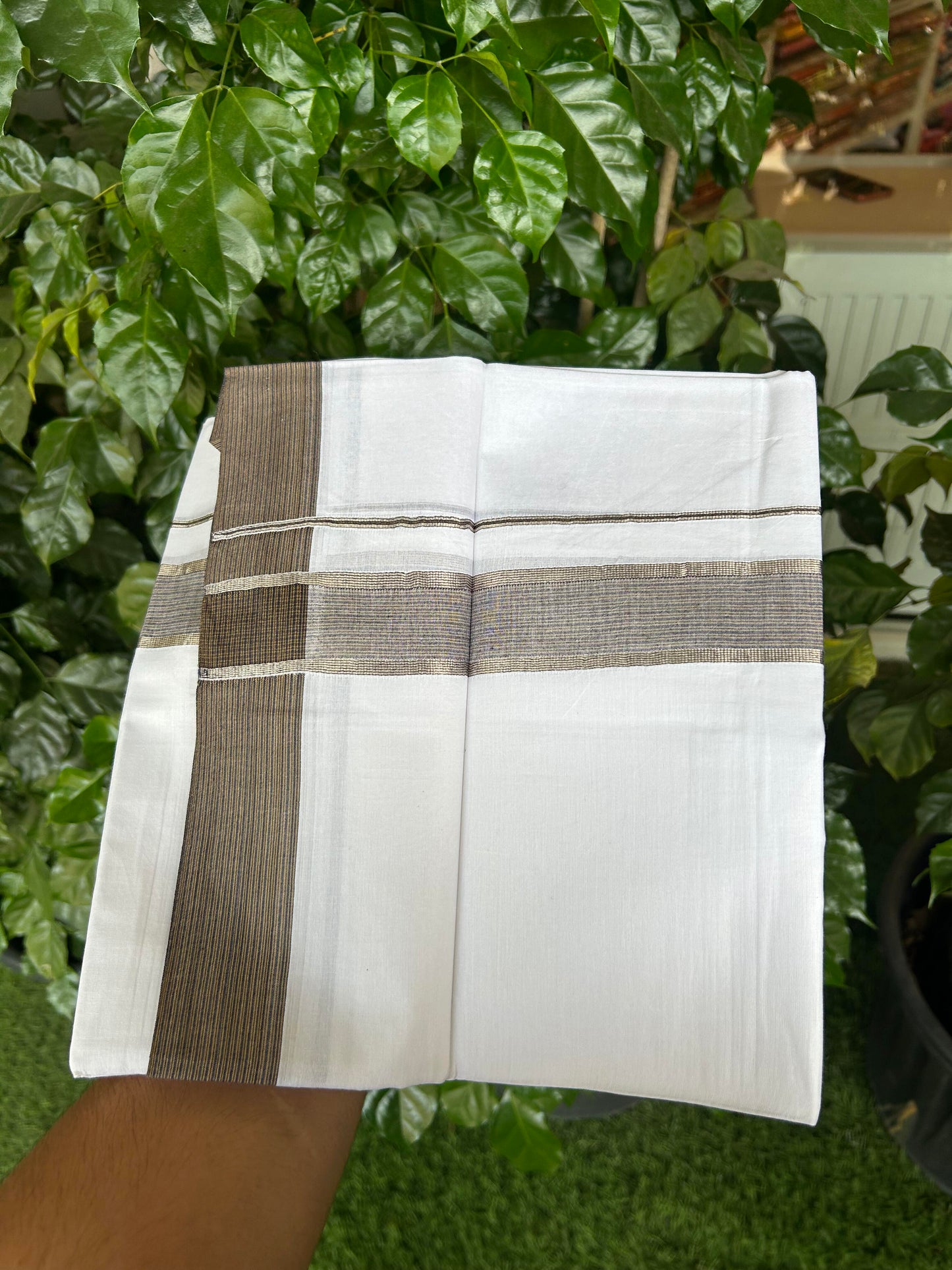 20% Discount!! Kaitharikada Balaramapuram 100% Pure Cotton Pure White Double Mundu/Dothi - 100x100 - 1.5 inch Silver Kasav Blue & Brown Striped Kara - 4.00 m (8.5 muzham) - 85 KK5362 GAN