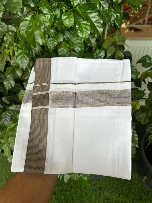20% Discount!! Kaitharikada Balaramapuram 100% Pure Cotton Pure White Double Mundu/Dothi - 100x100 - 1.5 inch Silver Kasav Blue & Brown Striped Kara - 4.00 m (8.5 muzham) - 85 KK5362 GAN