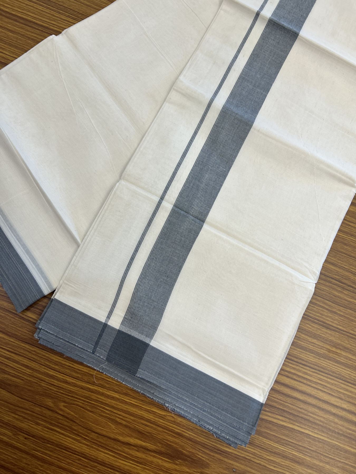 20% Discount ! KaithariKada Balaramapuram 100% Cotton Double Off White (Unbleached) - Mundu / Dhoti- 100x80 - 1.5 inch Navy Blue & Grey Shaded Kara 4 mtr (8.5 Muzham) - 63 KK5340 VIN