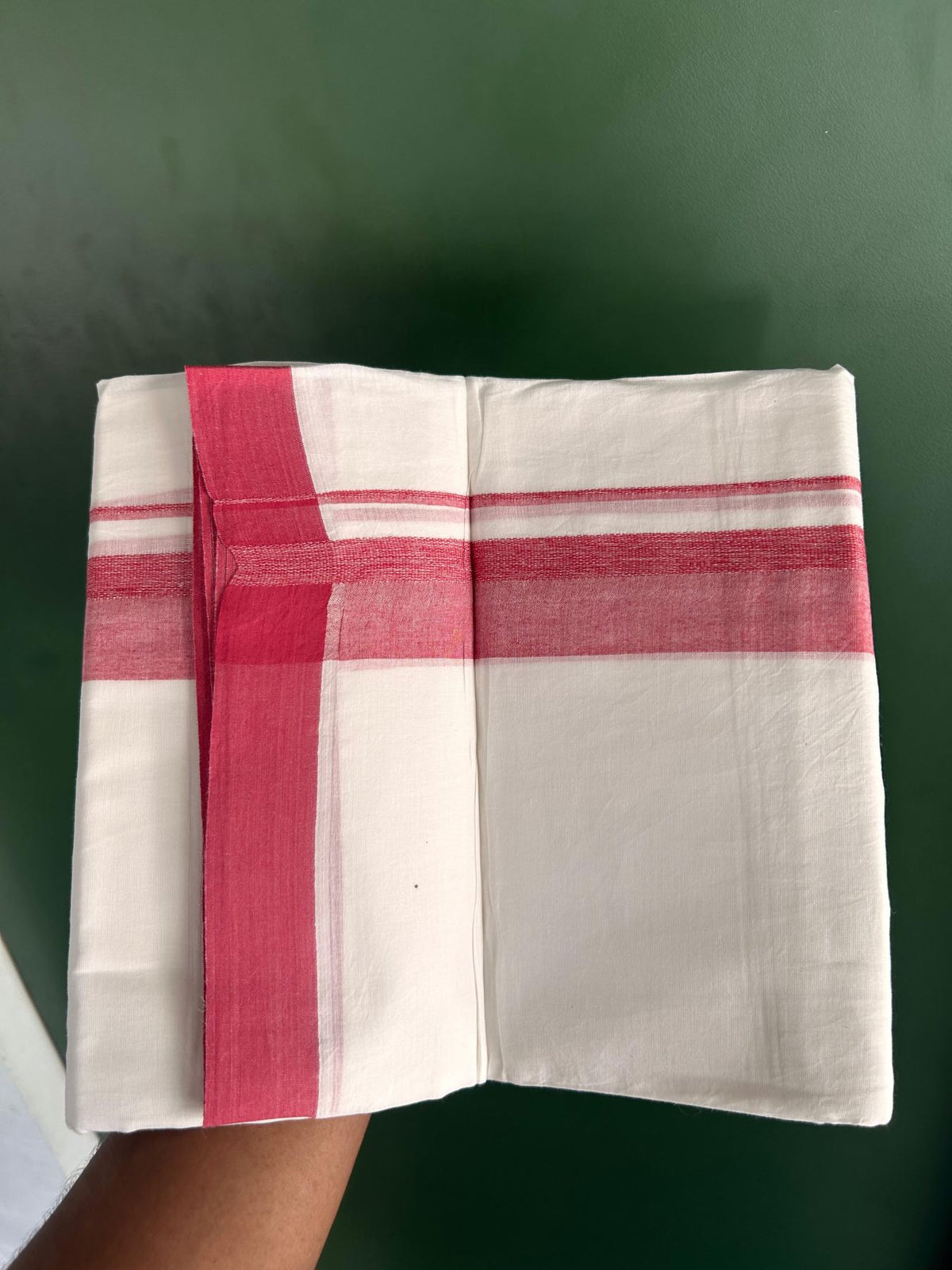 Double Pure White Mundu/Dhoti -20% Discount! KaithariKada 100% Cotton - 100x80 - 1.5 Inch Pinkish Peach Shaded Kara - 3.80 mtr (8 muzham) - 32 KK5519 PMC