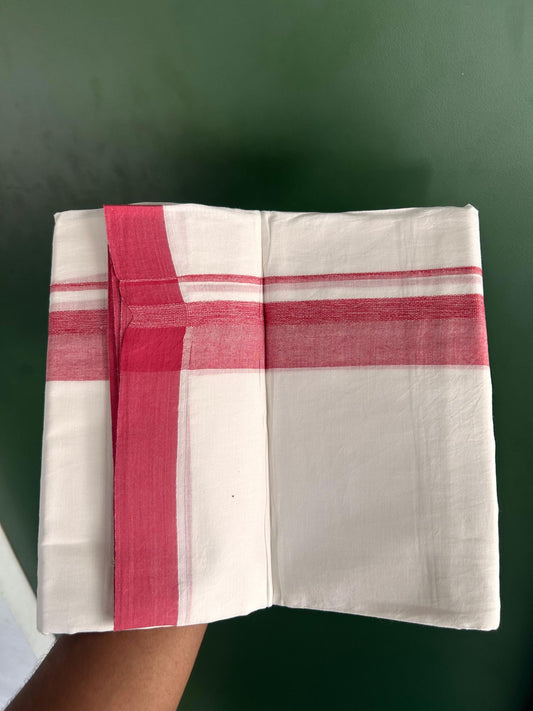 Double Pure White Mundu/Dhoti -20% Discount! KaithariKada 100% Cotton - 100x80 - 1.5 Inch Pinkish Peach Shaded Kara - 3.80 mtr (8 muzham) - 32 KK5519 PMC