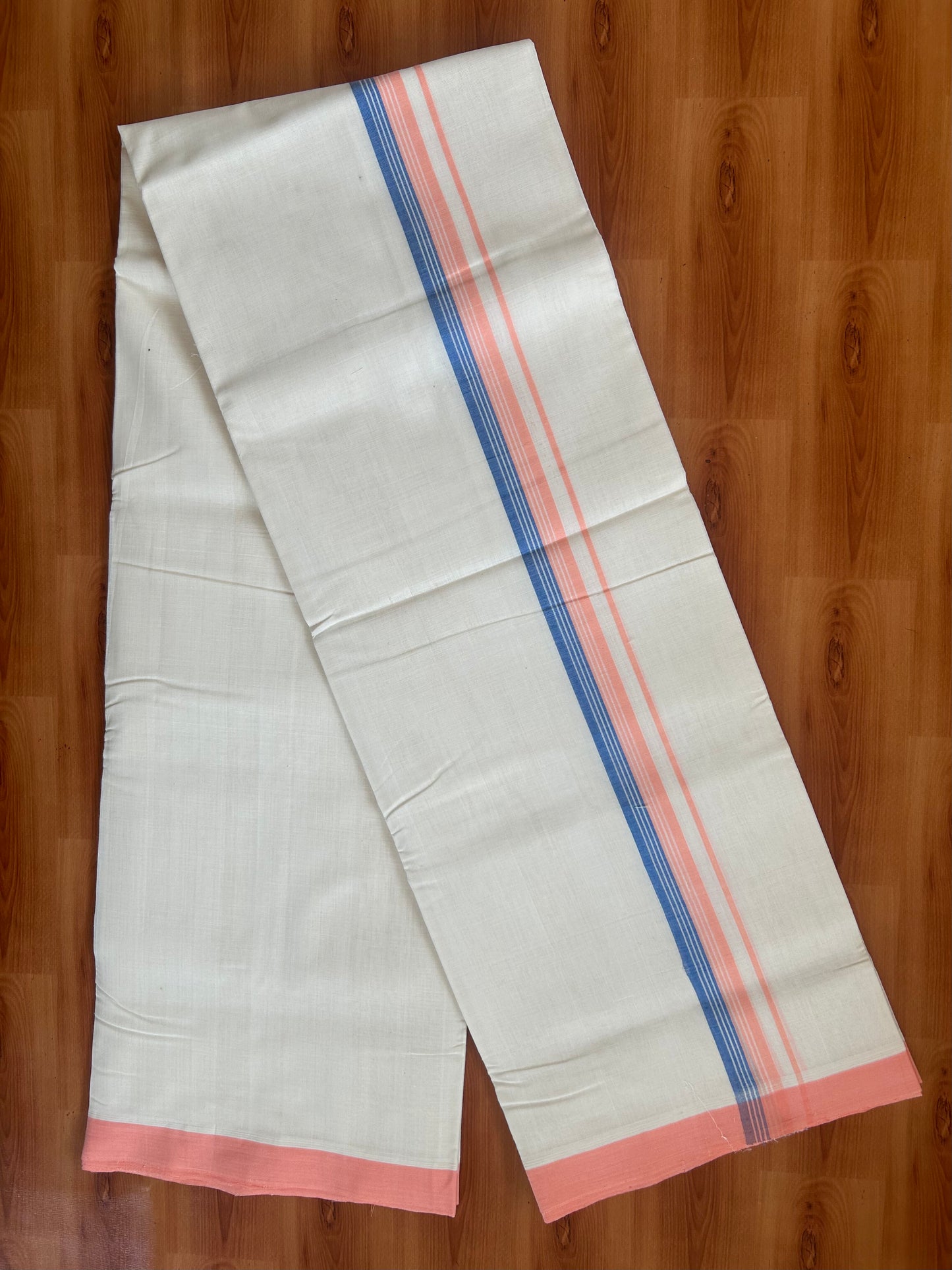 25% Discount ! KaithariKada Handloom Unakkupaav - Kerala Handloom - 100% Pure Cotton Off White (Unbleached) Double Mundu/Dhoti - 100X80 - 1 inch Blue & Peach Striped Kara 3.80 Mtr (8 Muzham) - 24 KK5380 SOM