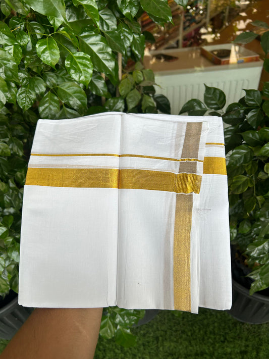 20% Discount ! KaithariKada Balaramapuram 100% Cotton Double Pure white Mundu/Dhoti - 100x100 - 1 inch gold Kasav Kara 4.00 m (8.5 muzham) - 12 KK5362 GAN
