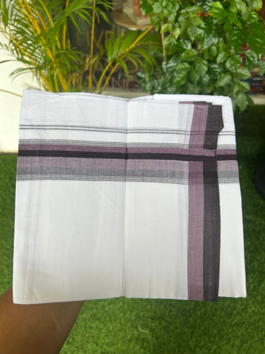 20% Discount ! Kaitharikada Balaramapuram 100% Cotton PURE WHITE Double Mundu/Dothi - 100x80 - 2 inch Wine Purple & Onion pink Shaded Striped Kara - 44KK5182VAS