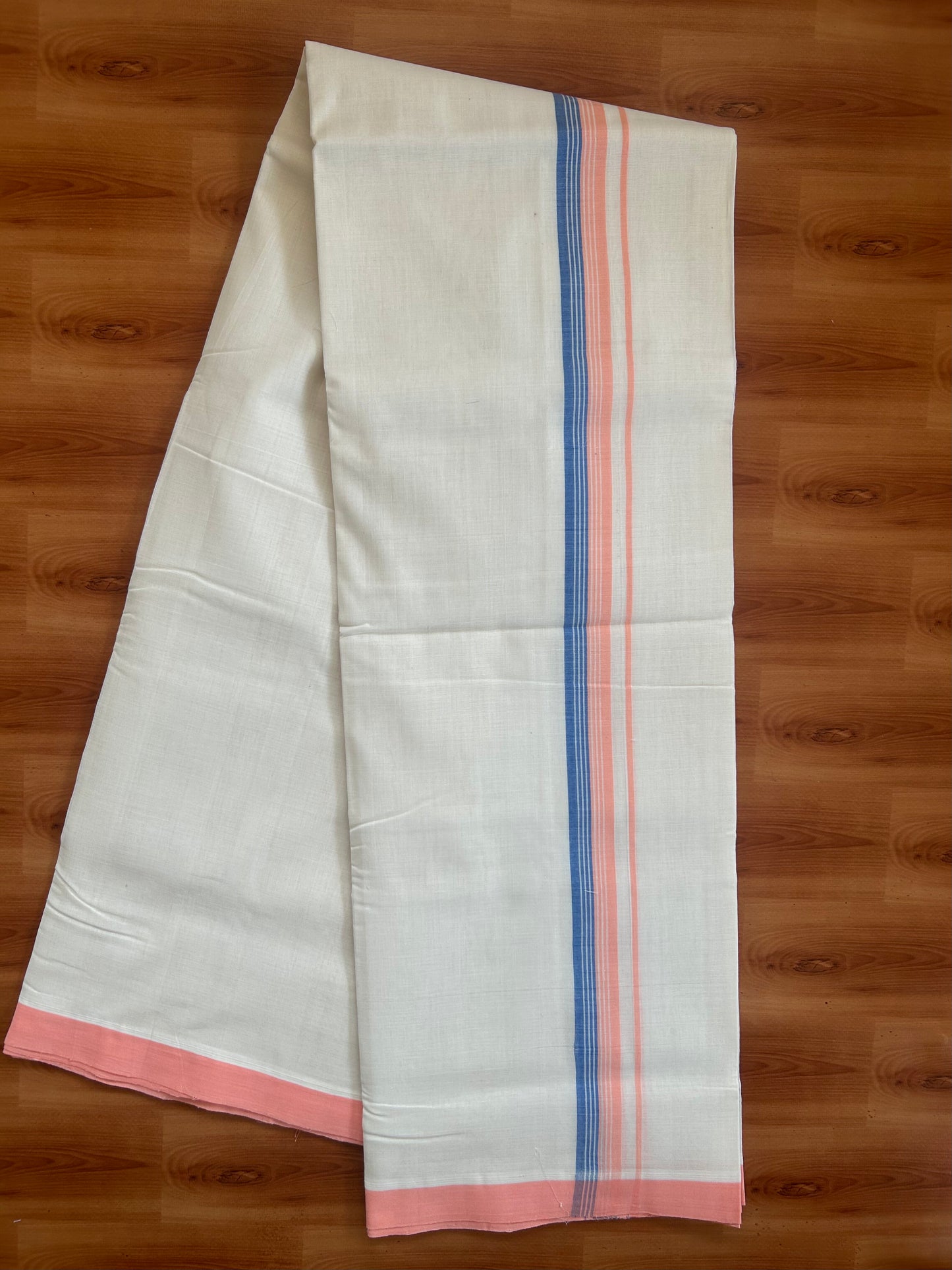 25% Discount ! KaithariKada Handloom Unakkupaav - Kerala Handloom - 100% Pure Cotton Off White (Unbleached) Double Mundu/Dhoti - 100X80 - 1 inch Blue & Peach Striped Kara 3.80 Mtr (8 Muzham) - 24 KK5380 SOM