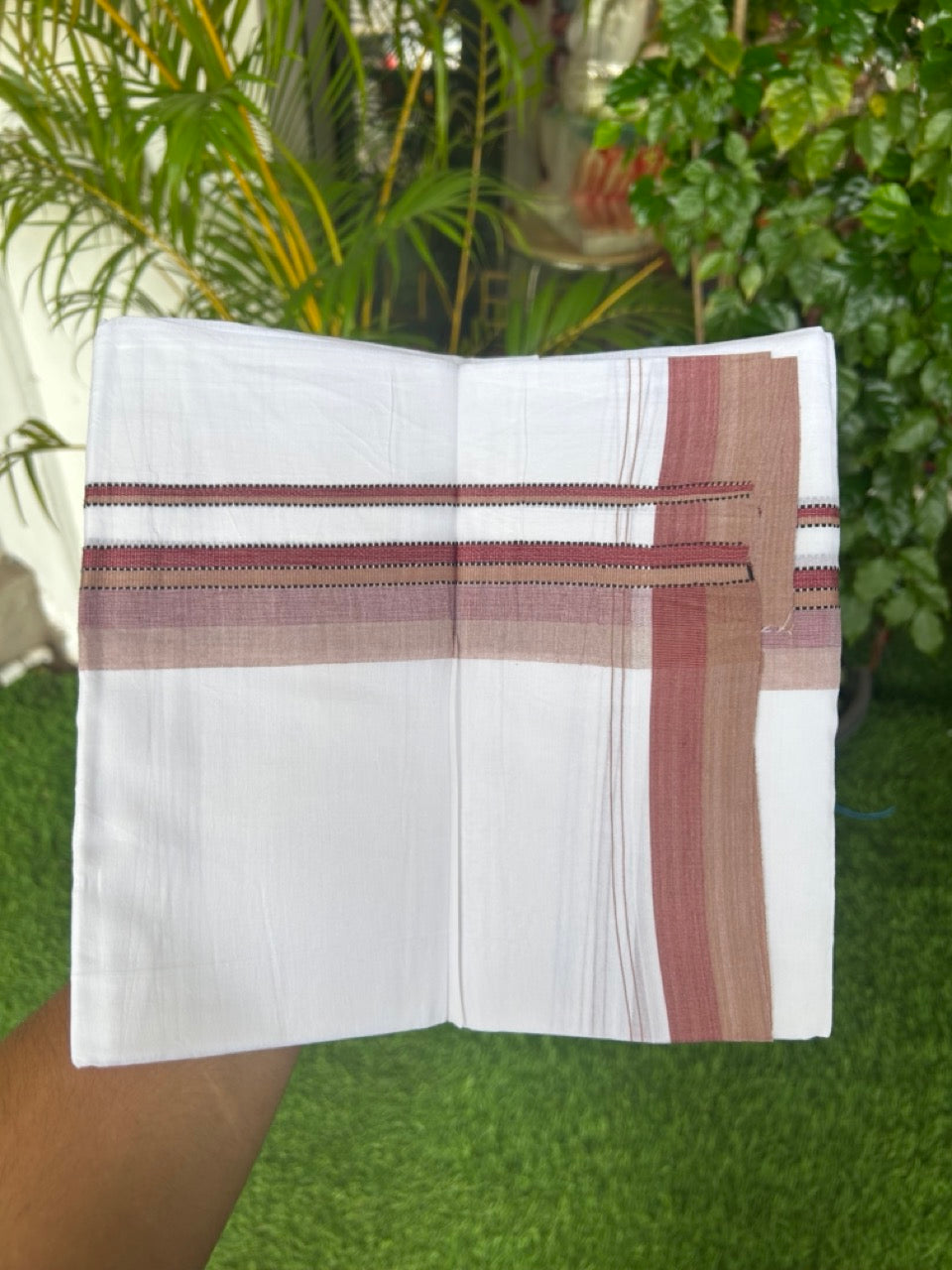 20% Discount ! Kaitharikada Balaramapuram 100% Cotton PURE WHITE Double Mundu/Dothi - 100x80 - 1 inch Brown & Maroon Shaded Striped Kara - 45KK5182VAS