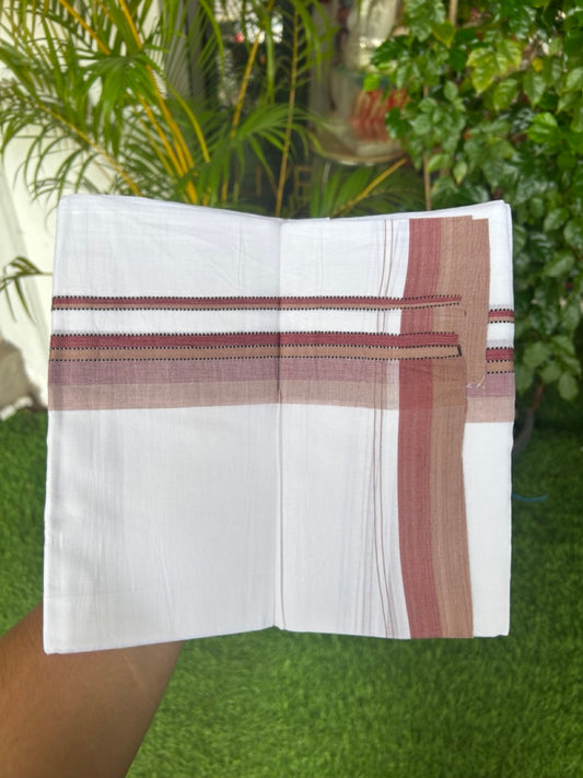 20% Discount ! Kaitharikada Balaramapuram 100% Cotton PURE WHITE Double Mundu/Dothi - 100x80 - 1 inch Brown & Maroon Shaded Striped Kara - 45KK5182VAS