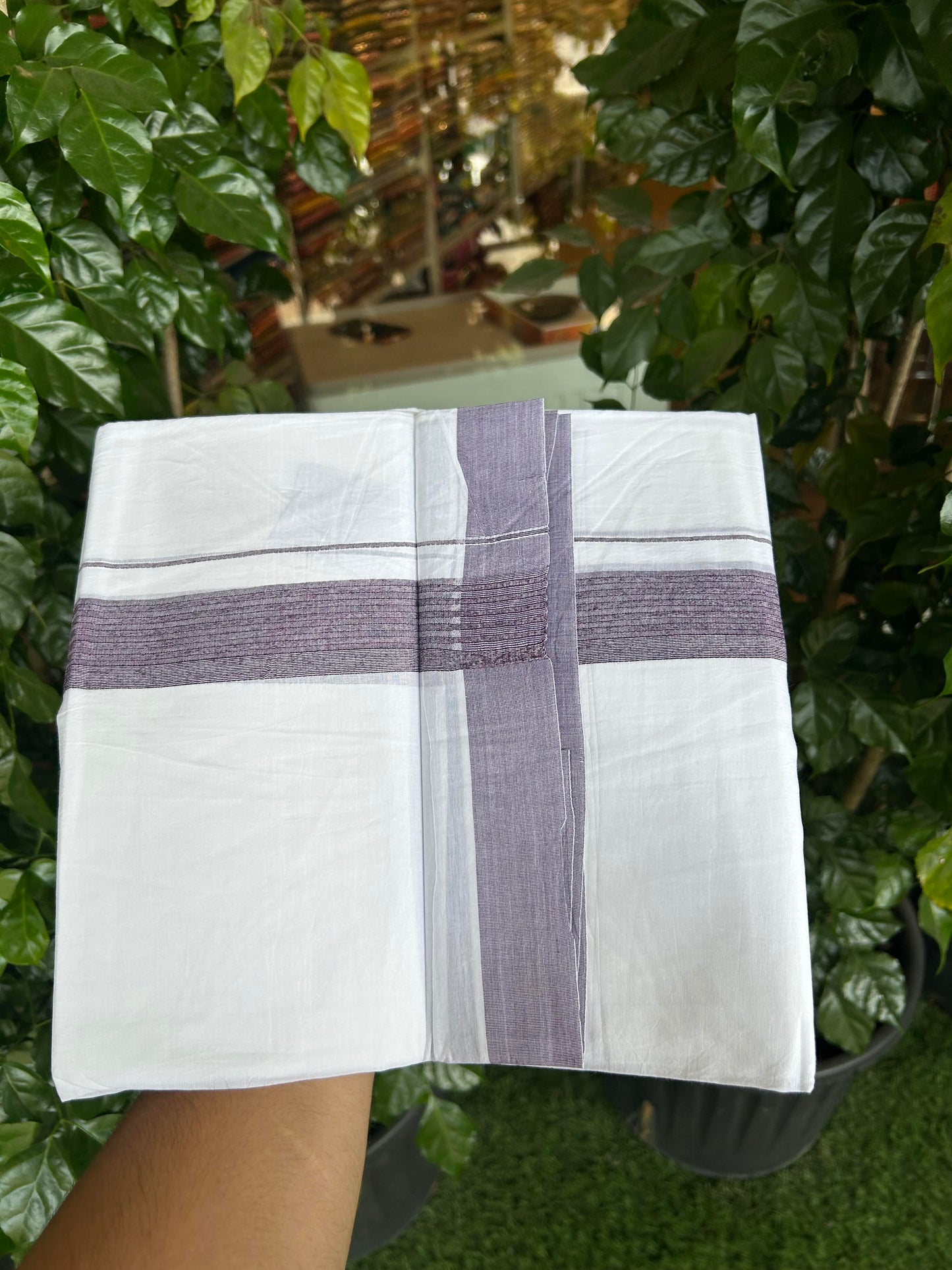 20% Discount ! Kaitharikada Balaramapuram 100% Cotton Pure White Double Mundu/Dothi - 100x100 - 1.5 inch Dark Ash Purple Striped Kara - 17 KK5362 GAN