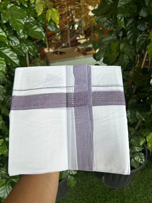 20% Discount ! Kaitharikada Balaramapuram 100% Cotton Pure White Double Mundu/Dothi - 100x100 - 1.5 inch Dark Ash Purple Striped Kara - 17 KK5362 GAN