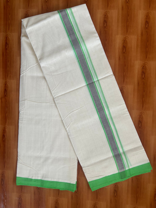25% Discount ! KaithariKada Handloom Unakkupaav - Kerala Handloom - 100% Pure Cotton Off White (Unbleached) Double Mundu/Dhoti - 100X80 - 1.25 inch Parrot Green & Brown Striped Kara 3.80 Mtr (8 Muzham) - 29 KK5380 SOM