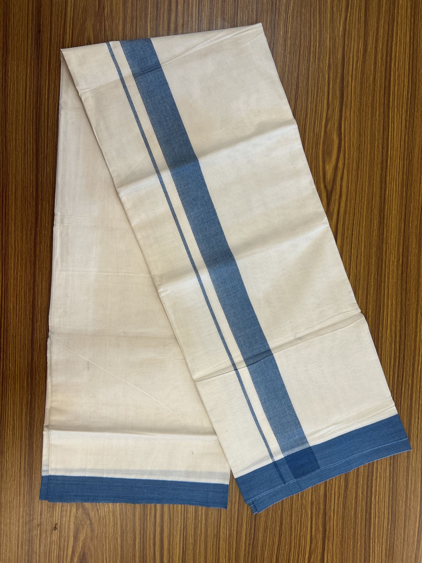 20% Discount ! KaithariKada Balaramapuram 100% Cotton Double Off White (Unbleached) - Mundu / Dhoti- 100x80 -  1.5 inch Black & Teal Blue Stripes Kara 4 mtr (8.5 Muzham) - 53 KK5340 VIN