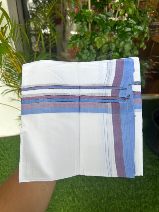 20% Discount ! Kaitharikada Balaramapuram 100% Cotton PURE WHITE Double Mundu/Dothi - 100x80 - 1.5 inch Light Blue & Purple Shaded Striped Kara - 42KK5182VAS