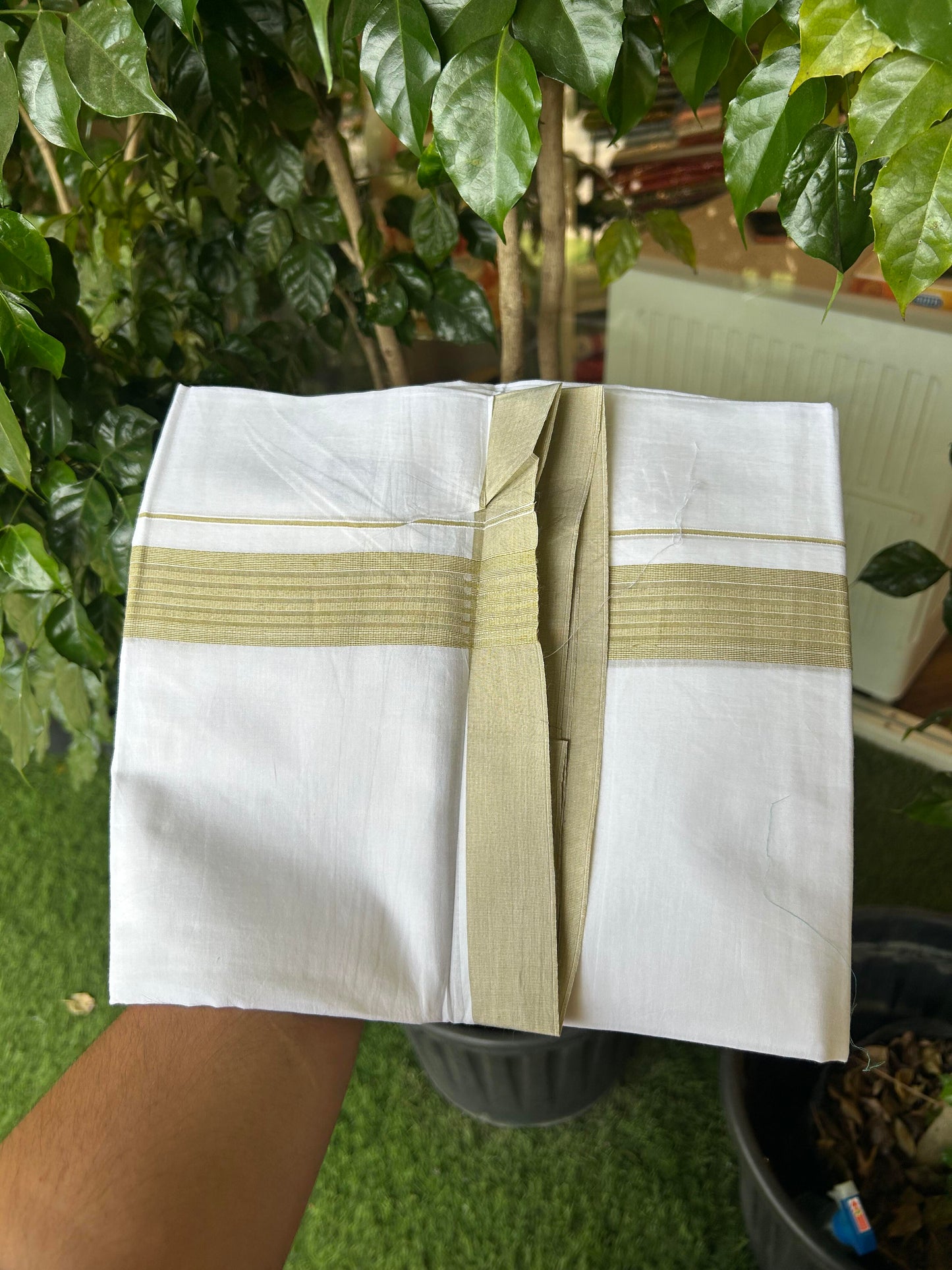 20% Discount ! Kaitharikada Balaramapuram 100% Cotton Pure White Double Mundu/Dothi - 100x100 - 1.5 inch Khaki Striped Kara - 18 KK5362 GAN