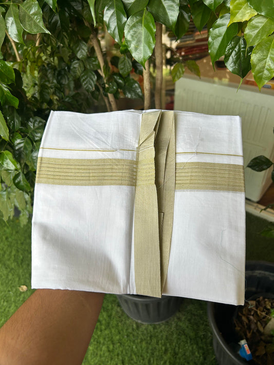 20% Discount ! Kaitharikada Balaramapuram 100% Cotton Pure White Double Mundu/Dothi - 100x100 - 1.5 inch Khaki Striped Kara - 18 KK5362 GAN