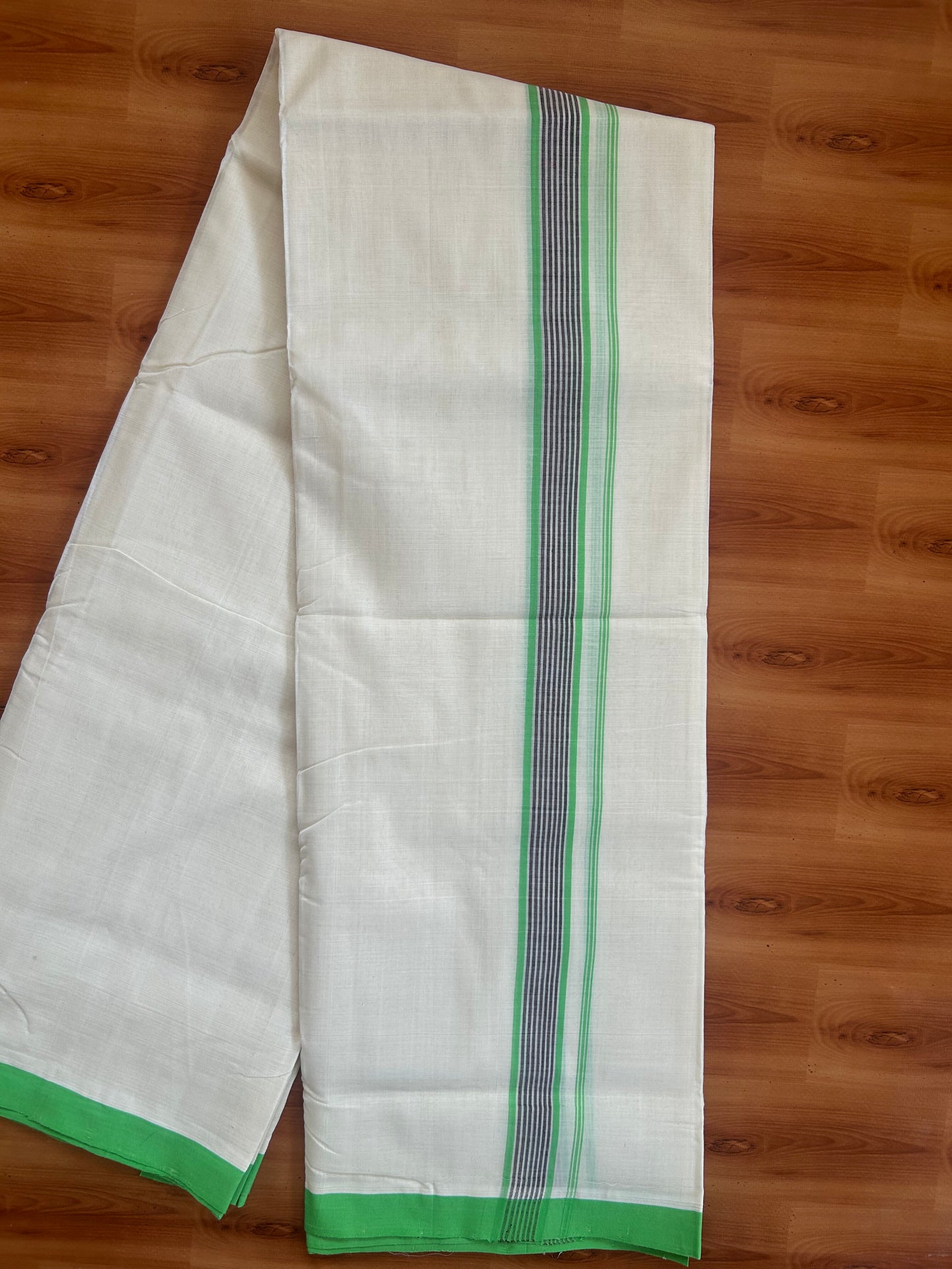 25% Discount ! KaithariKada Handloom Unakkupaav - Kerala Handloom - 100% Pure Cotton Off White (Unbleached) Double Mundu/Dhoti - 100X80 - 1.25 inch Parrot Green & Brown Striped Kara 3.80 Mtr (8 Muzham) - 29 KK5380 SOM