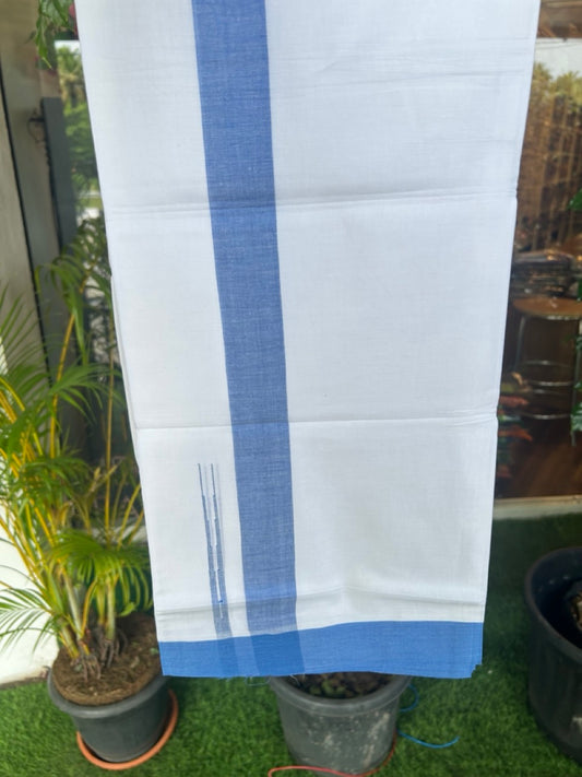 20% Discount ! Kaitharikada Balaramapuram 100% Cotton PURE WHITE Double Mundu/Dothi - 100x80 - 1.5 inch Blue Shaded Chutty Kara - 61KK5182VAS