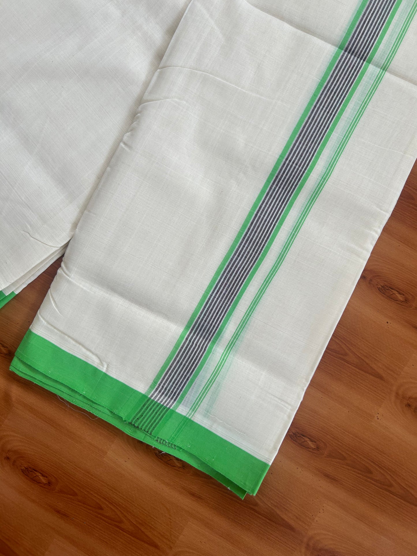 25% Discount ! KaithariKada Handloom Unakkupaav - Kerala Handloom - 100% Pure Cotton Off White (Unbleached) Double Mundu/Dhoti - 100X80 - 1.25 inch Parrot Green & Brown Striped Kara 3.80 Mtr (8 Muzham) - 29 KK5380 SOM