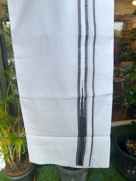 20% Discount ! Kaitharikada Balaramapuram 100% Cotton PURE WHITE Double Mundu/Dothi - 100x80 - 1 inch Silver Kasavu & Black Stripes Temple Chutty Kara - 33KK5182VAS