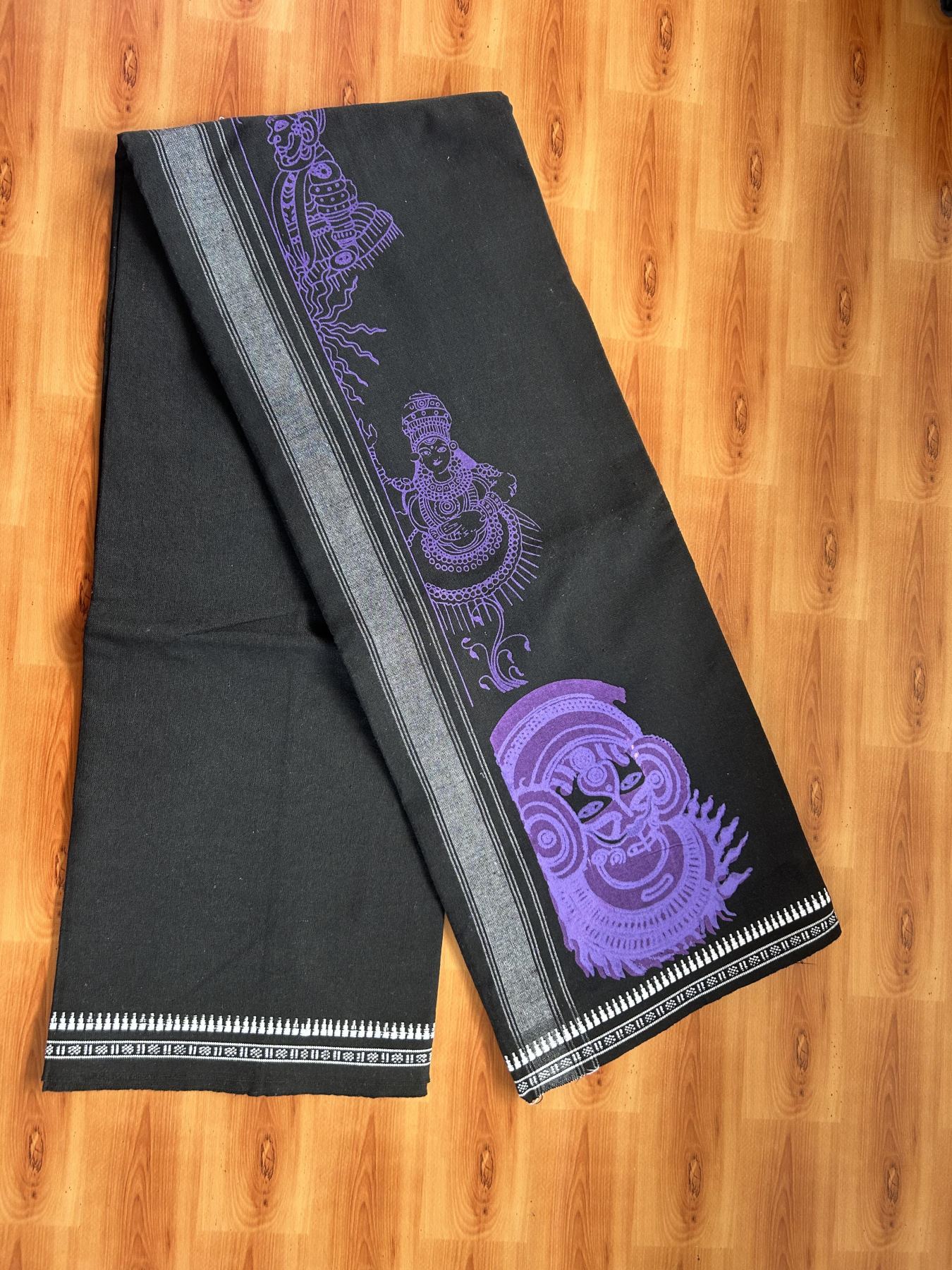Kaitharikada - Single Kaily / Lungi - Mixed Cotton - 40s twisted - 1.75 inch Violet Theyyam Design printed kuppadam kara with Black colour body (2 meter / 4 muzham) - 2 KK8055 SAT