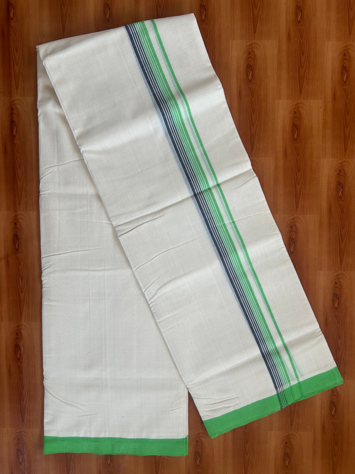25% Discount ! KaithariKada Handloom Unakkupaav - Kerala Handloom - 100% Pure Cotton Off White (Unbleached) Double Mundu/Dhoti - 100X80 - 1 inch Parrot Green & Navy Blue Striped Kara 3.80 Mtr (8 Muzham) - 25 KK5380 SOM