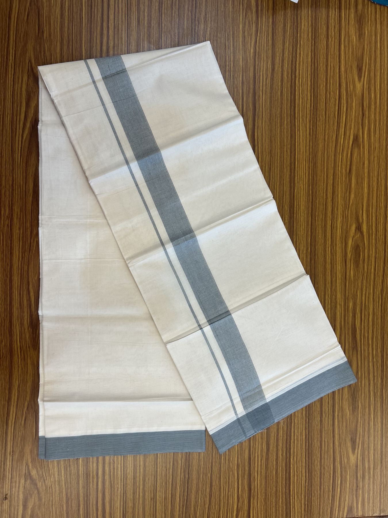 20% Discount ! KaithariKada Balaramapuram 100% Cotton Double Off White (Unbleached) - Mundu / Dhoti- 100x80 - 1.5 inch Ash blue & Green Shaded Kara 4 mtr (8.5 Muzham) - 62 KK5340 VIN