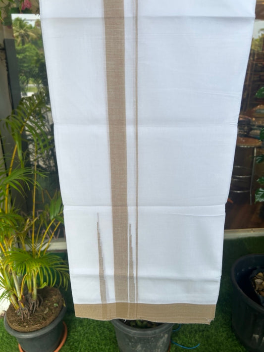 20% Discount ! Kaitharikada Balaramapuram 100% Cotton PURE WHITE Double Mundu/Dothi - 100x80 - 1.5 inch Peanut Brown Shaded Chutty Kara - 60KK5182VAS