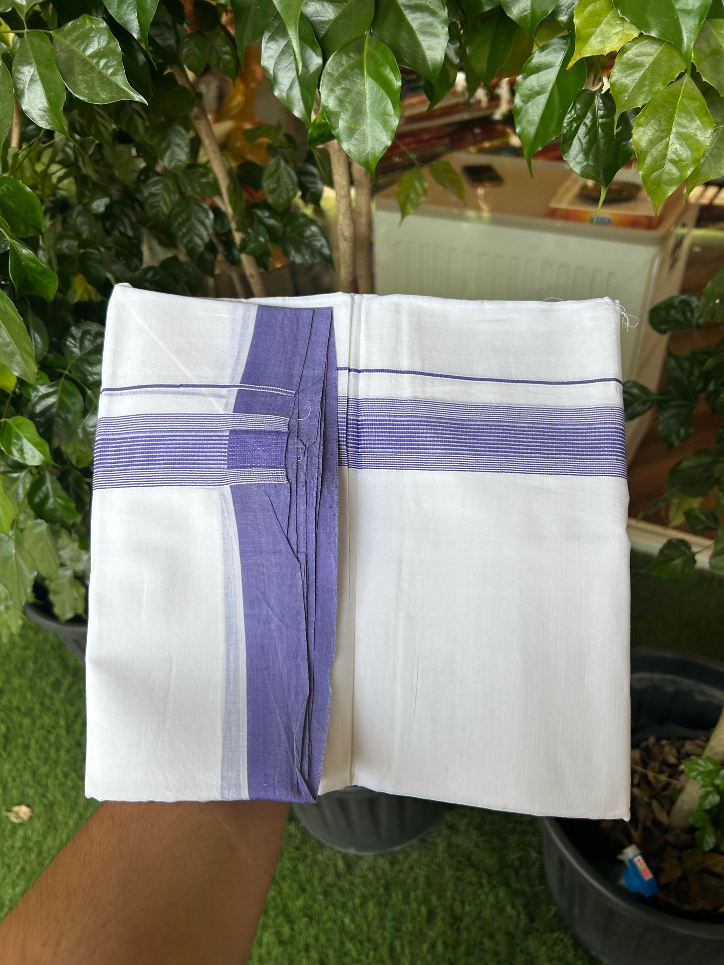 20% Discount ! Kaitharikada Balaramapuram 100% Cotton Pure White Double Mundu/Dothi - 100x100 - 1.5 inch Violet Striped Kara - 15 KK5362 GAN