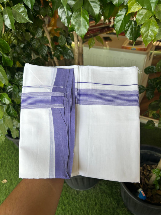 20% Discount ! Kaitharikada Balaramapuram 100% Cotton Pure White Double Mundu/Dothi - 100x100 - 1.5 inch Violet Striped Kara - 15 KK5362 GAN