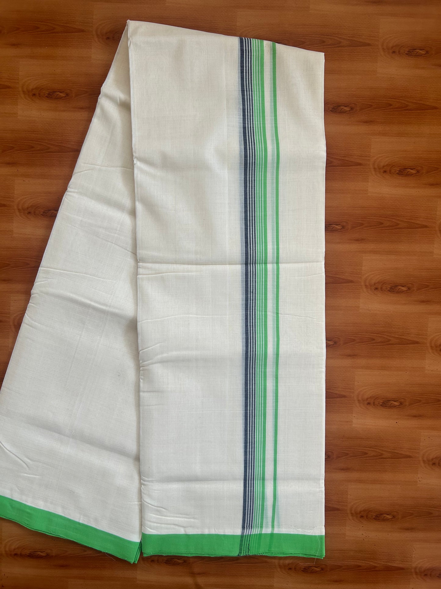 25% Discount ! KaithariKada Handloom Unakkupaav - Kerala Handloom - 100% Pure Cotton Off White (Unbleached) Double Mundu/Dhoti - 100X80 - 1 inch Parrot Green & Navy Blue Striped Kara 3.80 Mtr (8 Muzham) - 25 KK5380 SOM