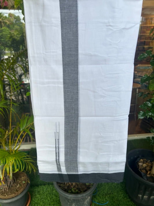 20% Discount ! Kaitharikada Balaramapuram 100% Cotton PURE WHITE Double Mundu/Dothi - 100x80 - 1.5 inch Black Shaded Chutty Kara - 58KK5182VAS