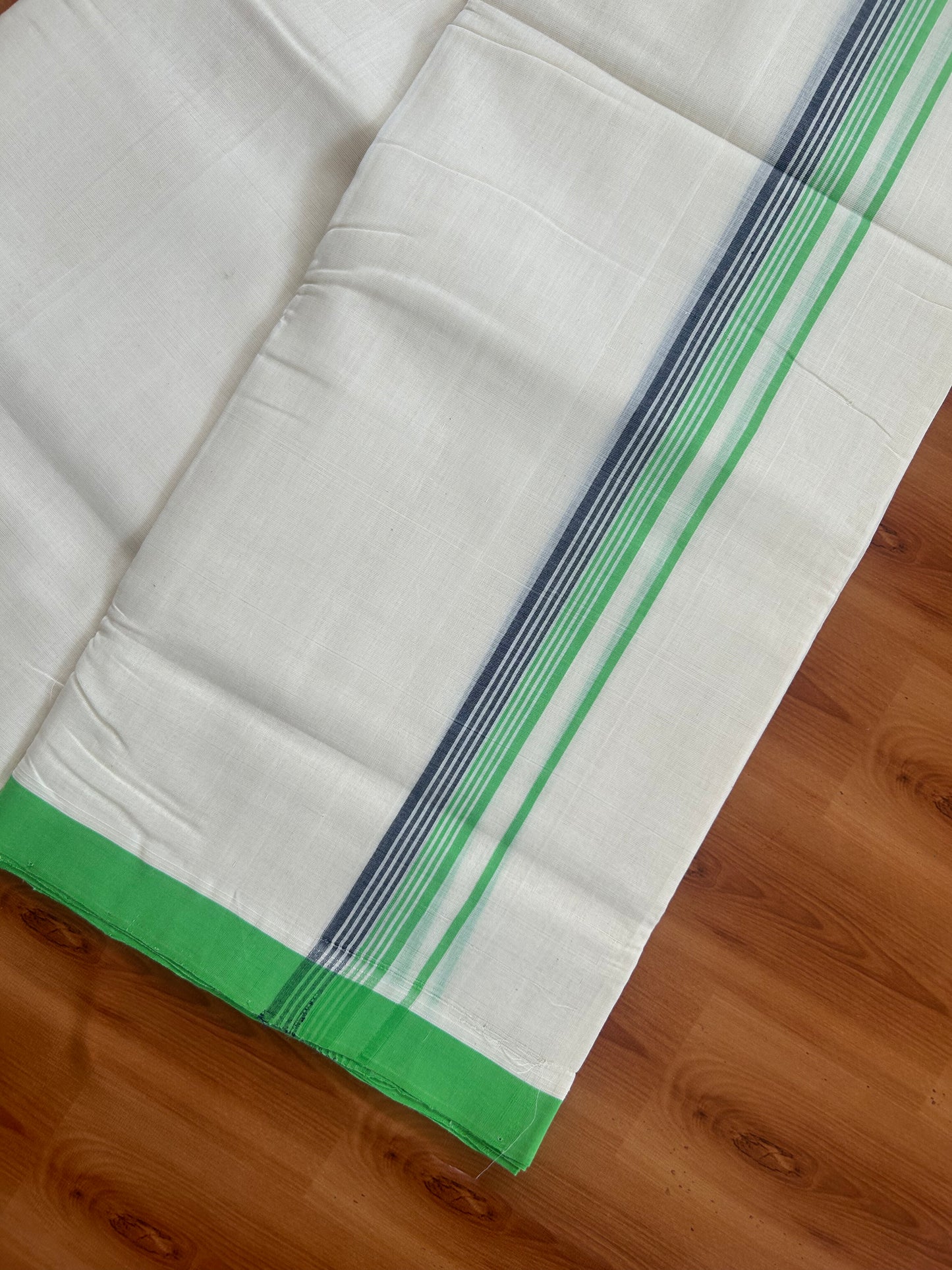 25% Discount ! KaithariKada Handloom Unakkupaav - Kerala Handloom - 100% Pure Cotton Off White (Unbleached) Double Mundu/Dhoti - 100X80 - 1 inch Parrot Green & Navy Blue Striped Kara 3.80 Mtr (8 Muzham) - 25 KK5380 SOM