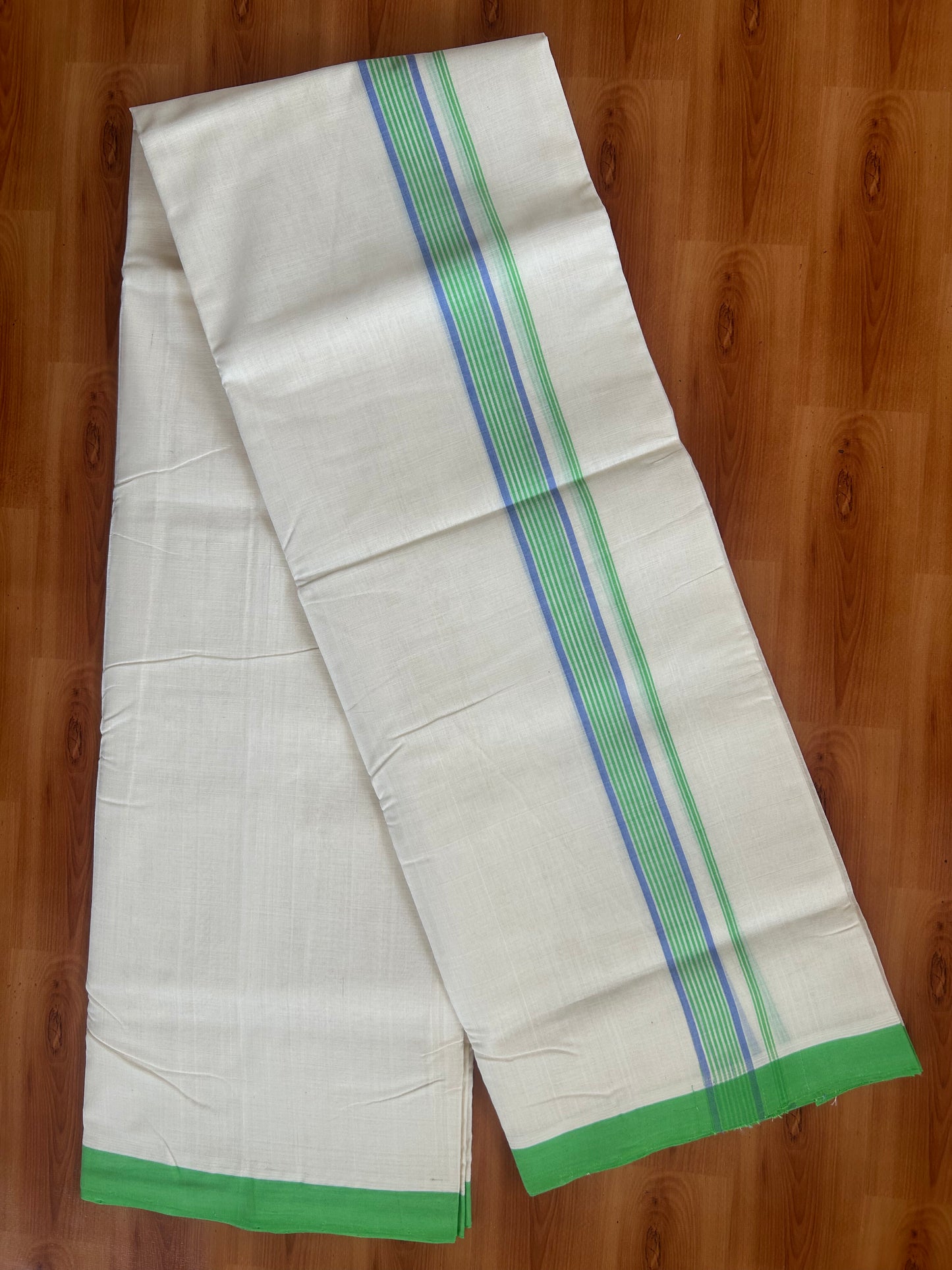 25% Discount ! KaithariKada Handloom Unakkupaav - Kerala Handloom - 100% Pure Cotton Off White (Unbleached) Double Mundu/Dhoti - 100X80 - 1 inch Parrot Green & Lavender Blue Striped Kara 3.80 Mtr (8 Muzham) - 27 KK5380 SOM