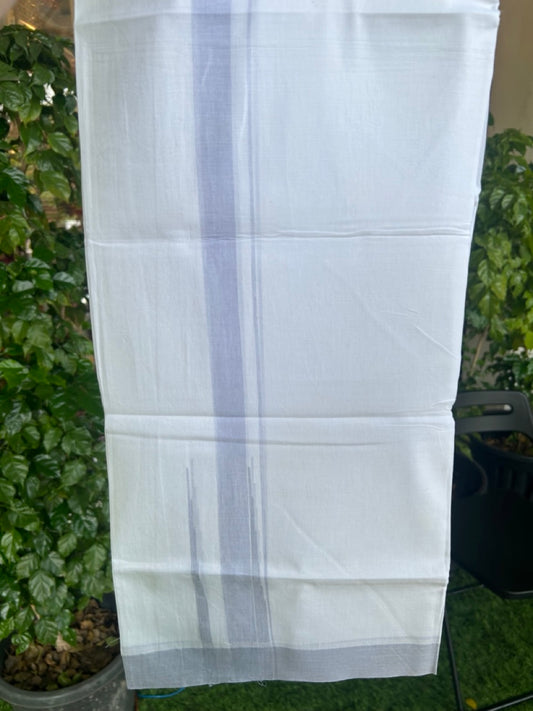 20% Discount ! Kaitharikada Balaramapuram 100% Cotton PURE WHITE Double Mundu/Dothi - 100x80 - 1.5 inch Light Steel Blue Shaded Chutty Kara - 62KK5182VAS
