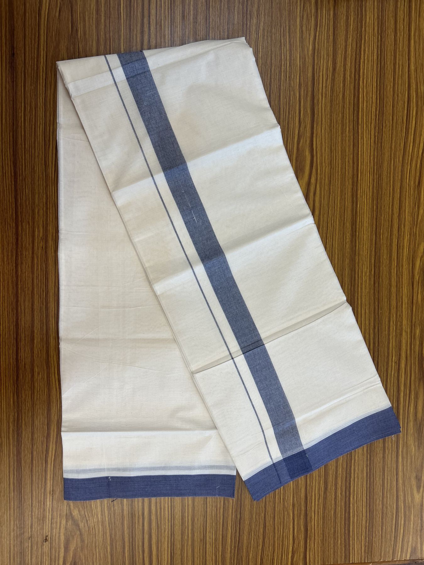 20% Discount ! KaithariKada Balaramapuram 100% Cotton Double Off White (Unbleached) - Mundu / Dhoti- 100x80 - 1.5 inch Navy Blue Shaded Kara 4 mtr (8.5 Muzham) - 60 KK5340 VIN