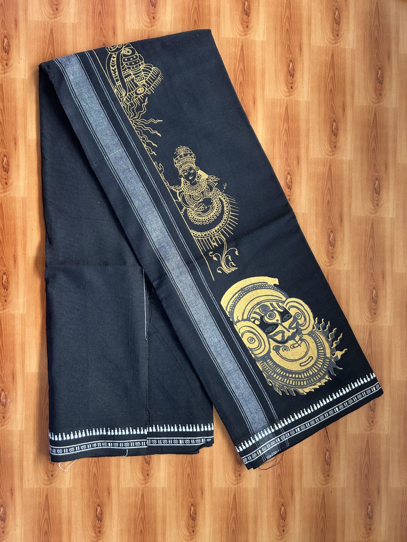 Kaitharikada - Single Kaily / Lungi - Mixed Cotton - 40s twisted - 1.75 inch Mustard Yellow Theyyam Design printed kuppadam kara with Black colour body (2 meter / 4 muzham) - 3 KK8055 SAT