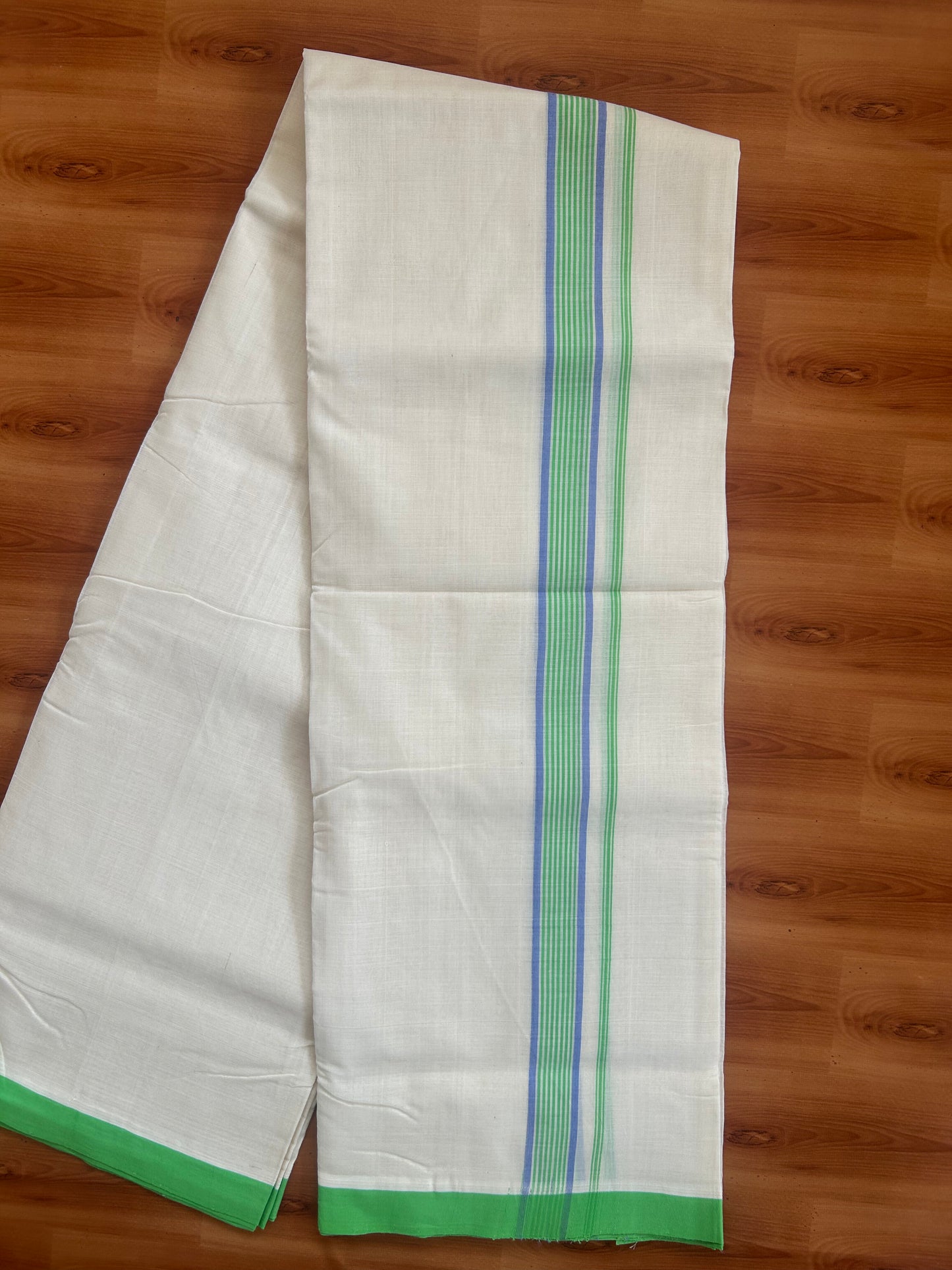 25% Discount ! KaithariKada Handloom Unakkupaav - Kerala Handloom - 100% Pure Cotton Off White (Unbleached) Double Mundu/Dhoti - 100X80 - 1 inch Parrot Green & Lavender Blue Striped Kara 3.80 Mtr (8 Muzham) - 27 KK5380 SOM
