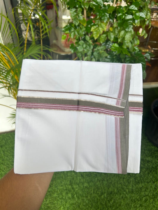 20% Discount ! Kaitharikada Balaramapuram 100% Cotton PURE WHITE Double Mundu/Dothi - 100x80  -1 inch Silver Kasavu Sage Green & Maroon Striped Design Kara - 34KK5182VAS