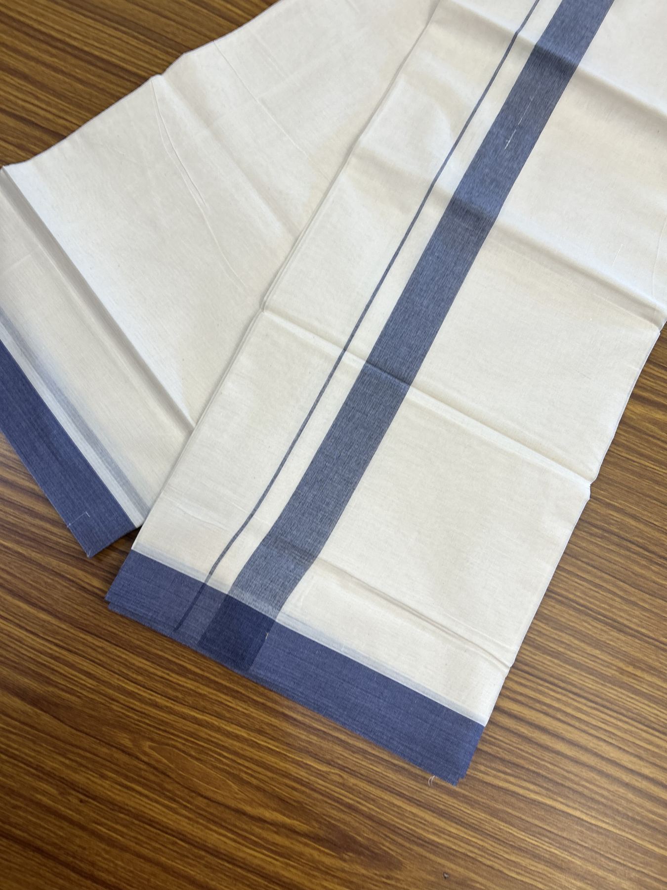 20% Discount ! KaithariKada Balaramapuram 100% Cotton Double Off White (Unbleached) - Mundu / Dhoti- 100x80 - 1.5 inch Navy Blue Shaded Kara 4 mtr (8.5 Muzham) - 60 KK5340 VIN